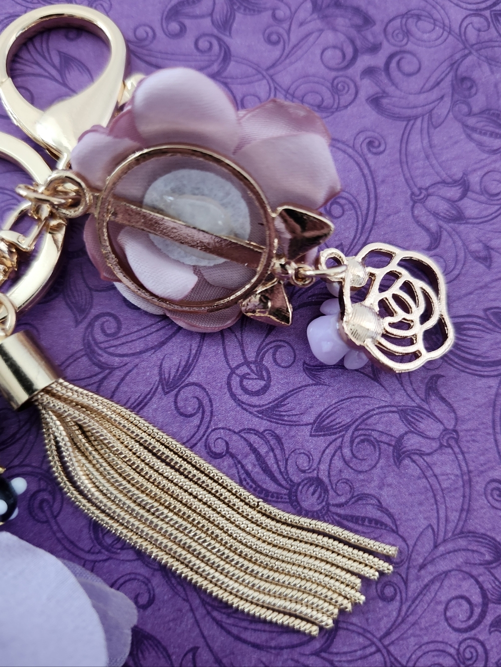 Floral Purse Charm or Keychain Quartz Stone Glass Paper Handcrafted - Picture 5 of 5